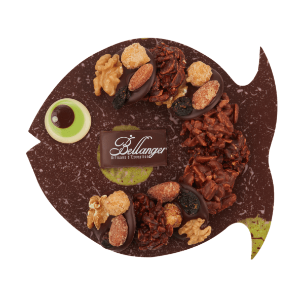 Poisson en chocolat noir mendiants et paillettes - Chocolaterie Bellanger