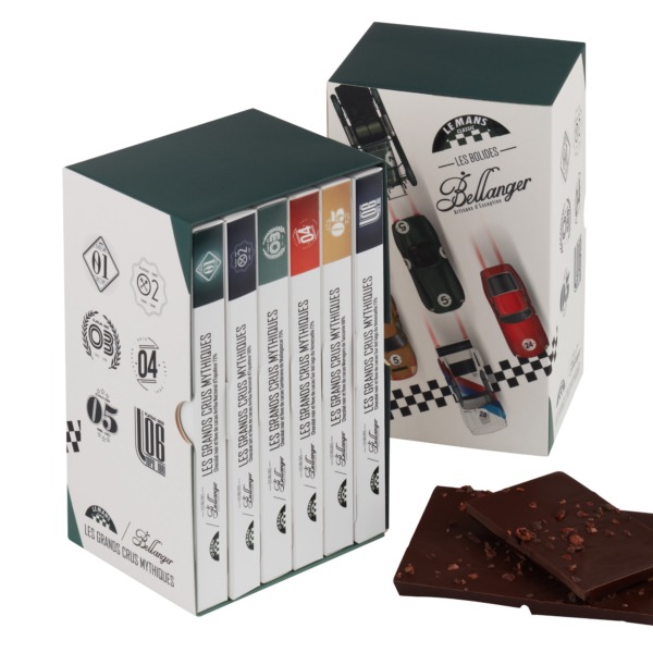 Coffret de 06 tablettes grands crus de la Chocolaterie Bellanger en partenariat avec les Le Mans Classic
